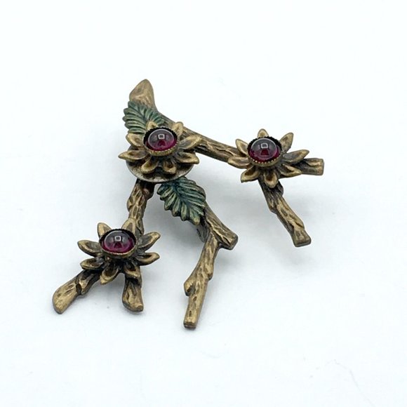 GARNET CABOCHON flower brooch - figural tree branch & leaves metal enamel pin - Picture 4 of 7